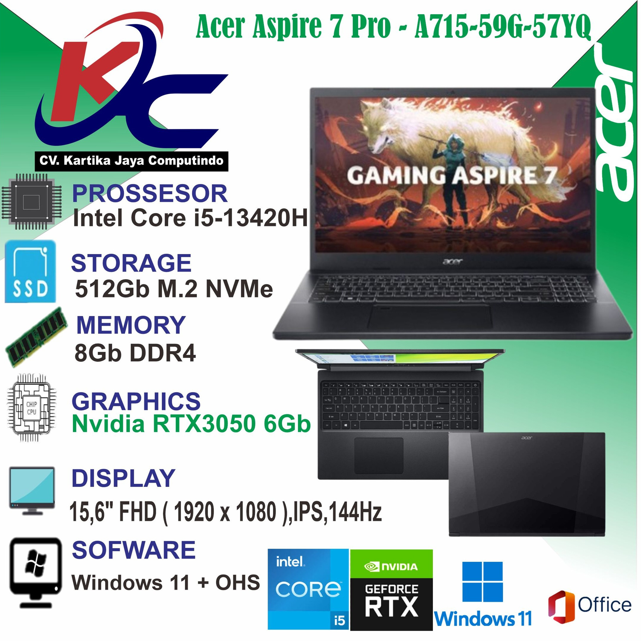 ACER A715-59G-57YQ  I5-13420H/ 8GB/ SSD 512GB/ RTX3050-6GB/ W11 OHS BLACK